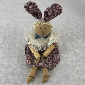 Vintage “Sweet Violets” Adorable Handmade Wooden Spool Bunny Doll 9½-Inches Tall